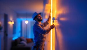 A photograph of a lighting contractor expertly installing led tape light clips in a modern interior setting