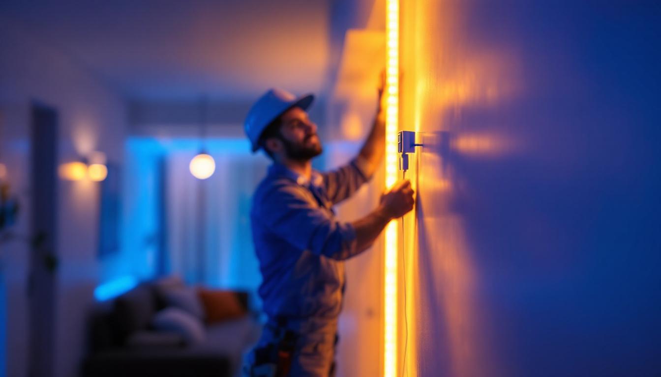 A photograph of a lighting contractor expertly installing led tape light clips in a modern interior setting