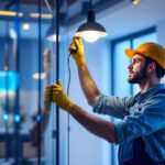 A photograph of a lighting contractor expertly installing or showcasing rab led lights in a modern setting