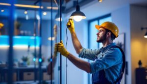 A photograph of a lighting contractor expertly installing or showcasing rab led lights in a modern setting