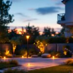 A photograph of a beautifully illuminated backyard featuring elegant light poles