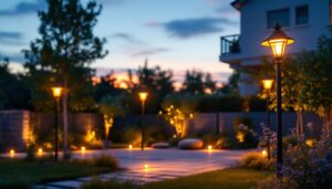 A photograph of a beautifully illuminated backyard featuring elegant light poles