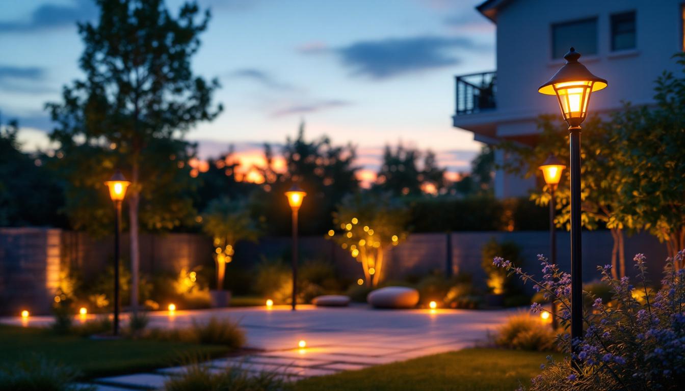 A photograph of a beautifully illuminated backyard featuring elegant light poles
