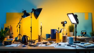 A photograph of a well-lit workspace featuring various led temporary lights in action