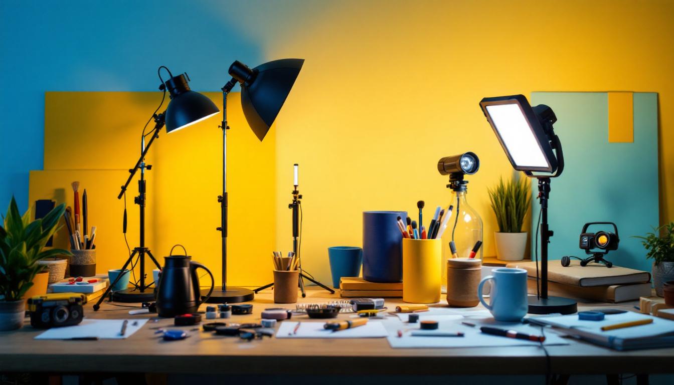 A photograph of a well-lit workspace featuring various led temporary lights in action