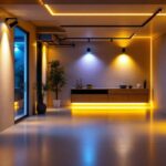 A photograph of a well-lit basement featuring stylish led lights installed in various areas