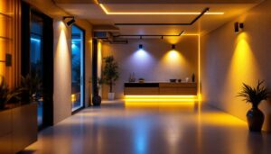 A photograph of a well-lit basement featuring stylish led lights installed in various areas
