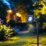 A photograph of a well-lit outdoor area showcasing a motion detector flood light in action