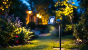 A photograph of a well-lit outdoor area showcasing a motion detector flood light in action