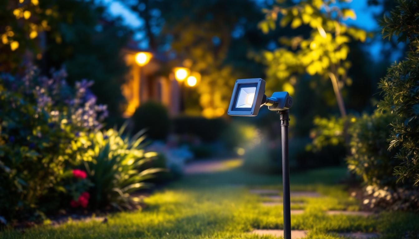 A photograph of a well-lit outdoor area showcasing a motion detector flood light in action
