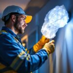 A photograph of a lighting contractor inspecting or installing covered led lights in a residential or commercial setting