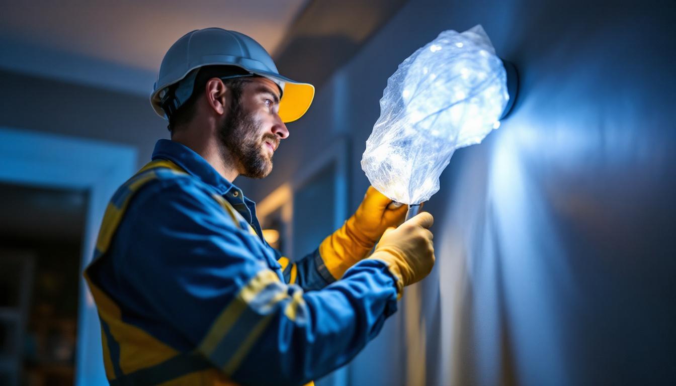 A photograph of a lighting contractor inspecting or installing covered led lights in a residential or commercial setting