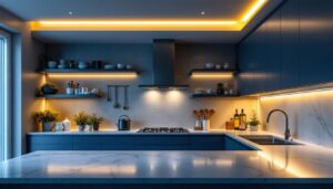 A photograph of a modern kitchen featuring sleek recessed lighting that highlights the space's design and functionality