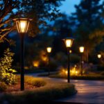 A photograph of a beautifully illuminated outdoor space featuring a variety of stylish solar lamps in use