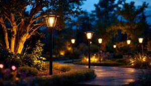 A photograph of a beautifully illuminated outdoor space featuring a variety of stylish solar lamps in use