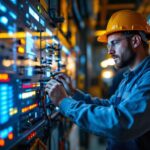 A photograph of a lighting contractor engaged in a hands-on installation of a sophisticated lighting control system