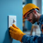 A photograph of a lighting contractor installing a stylish light switch for an outlet in a modern home setting