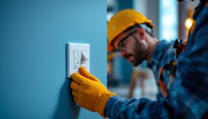 A photograph of a lighting contractor installing a stylish light switch for an outlet in a modern home setting