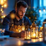 A photograph of a skilled lighting contractor thoughtfully arranging a variety of stylish lanterns in a well-lit