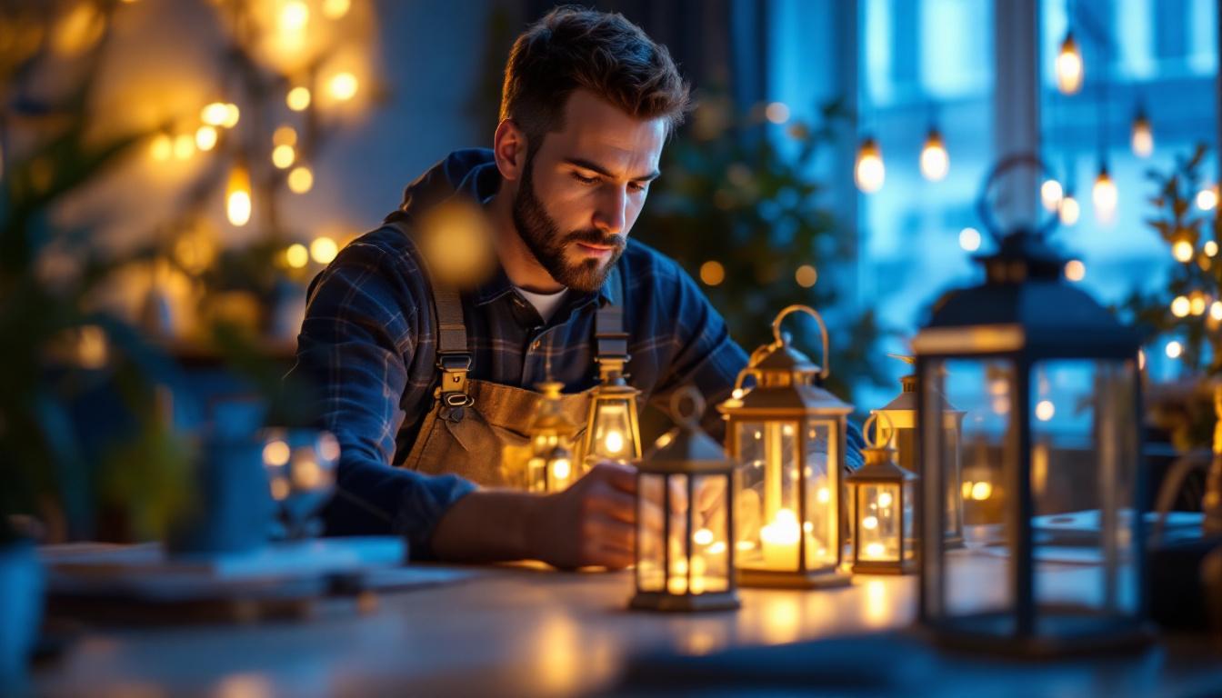 A photograph of a skilled lighting contractor thoughtfully arranging a variety of stylish lanterns in a well-lit