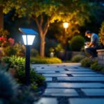 A photograph of a well-lit outdoor setting showcasing a solar security light in action