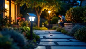 A photograph of a well-lit outdoor setting showcasing a solar security light in action