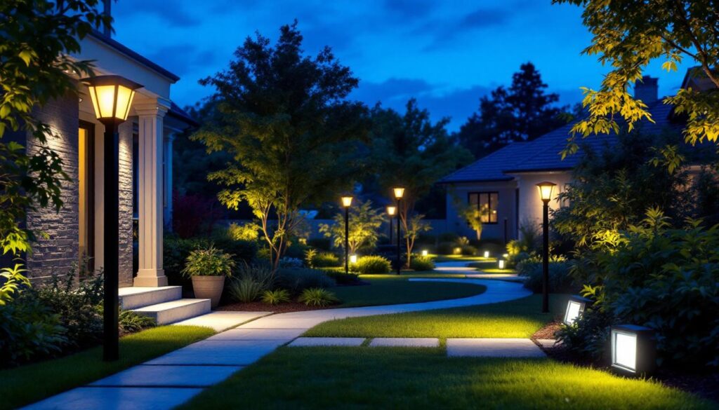 A photograph of a well-lit outdoor space at dusk