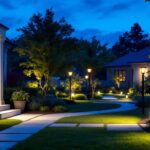 A photograph of a well-lit outdoor space at dusk