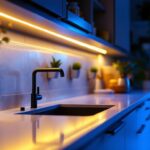 A photograph of a beautifully illuminated kitchen or workspace featuring led under counter light strips