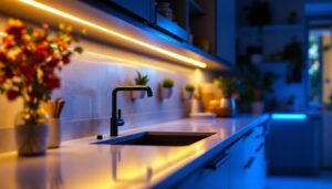 A photograph of a beautifully illuminated kitchen or workspace featuring led under counter light strips
