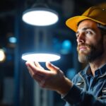 A photograph of a lighting contractor expertly installing a flat led light bulb in a modern setting