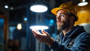 A photograph of a lighting contractor expertly installing a flat led light bulb in a modern setting