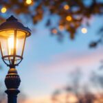 A photograph of a beautifully designed post lamp illuminating a cozy outdoor setting