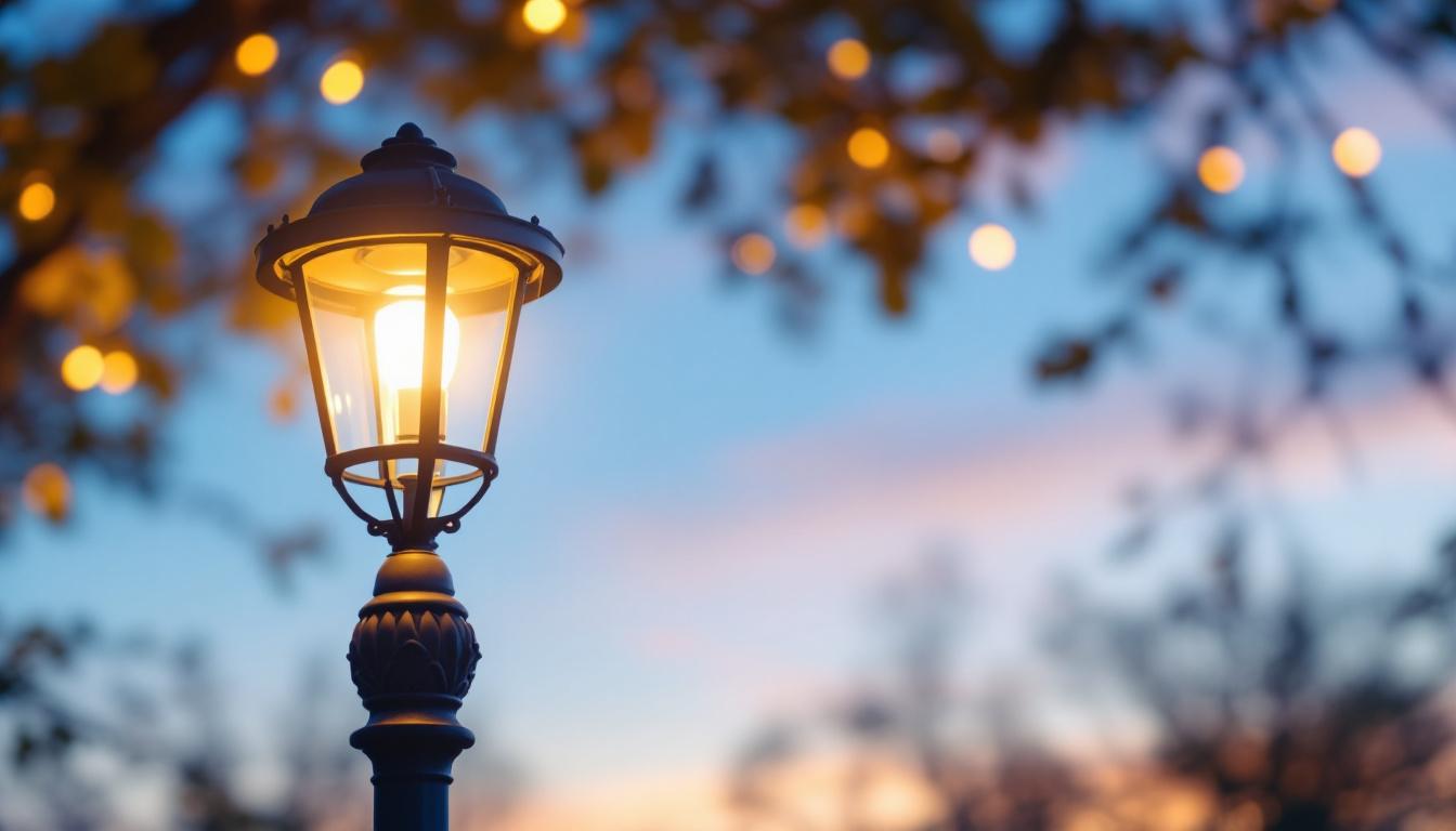 A photograph of a beautifully designed post lamp illuminating a cozy outdoor setting