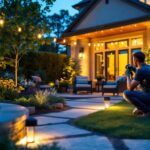 A photograph of a skilled lighting contractor installing outdoor led fixtures in a beautifully landscaped garden at dusk