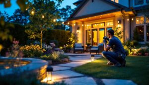A photograph of a skilled lighting contractor installing outdoor led fixtures in a beautifully landscaped garden at dusk