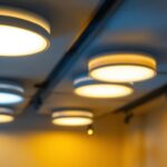 A photograph of a well-lit room featuring modern round led ceiling lights