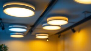 A photograph of a well-lit room featuring modern round led ceiling lights