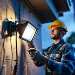 A photograph of a lighting contractor expertly installing floodlight fixtures in an outdoor setting