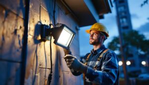A photograph of a lighting contractor expertly installing floodlight fixtures in an outdoor setting