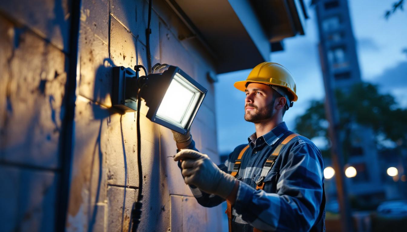 A photograph of a lighting contractor expertly installing floodlight fixtures in an outdoor setting