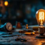 A photograph of a vintage lightbulb glowing warmly in a cozy