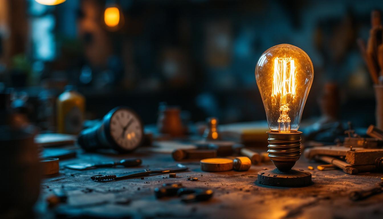 A photograph of a vintage lightbulb glowing warmly in a cozy