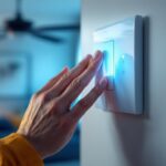 A photograph of a skilled lighting contractor installing or adjusting a fan light control switch in a well-lit