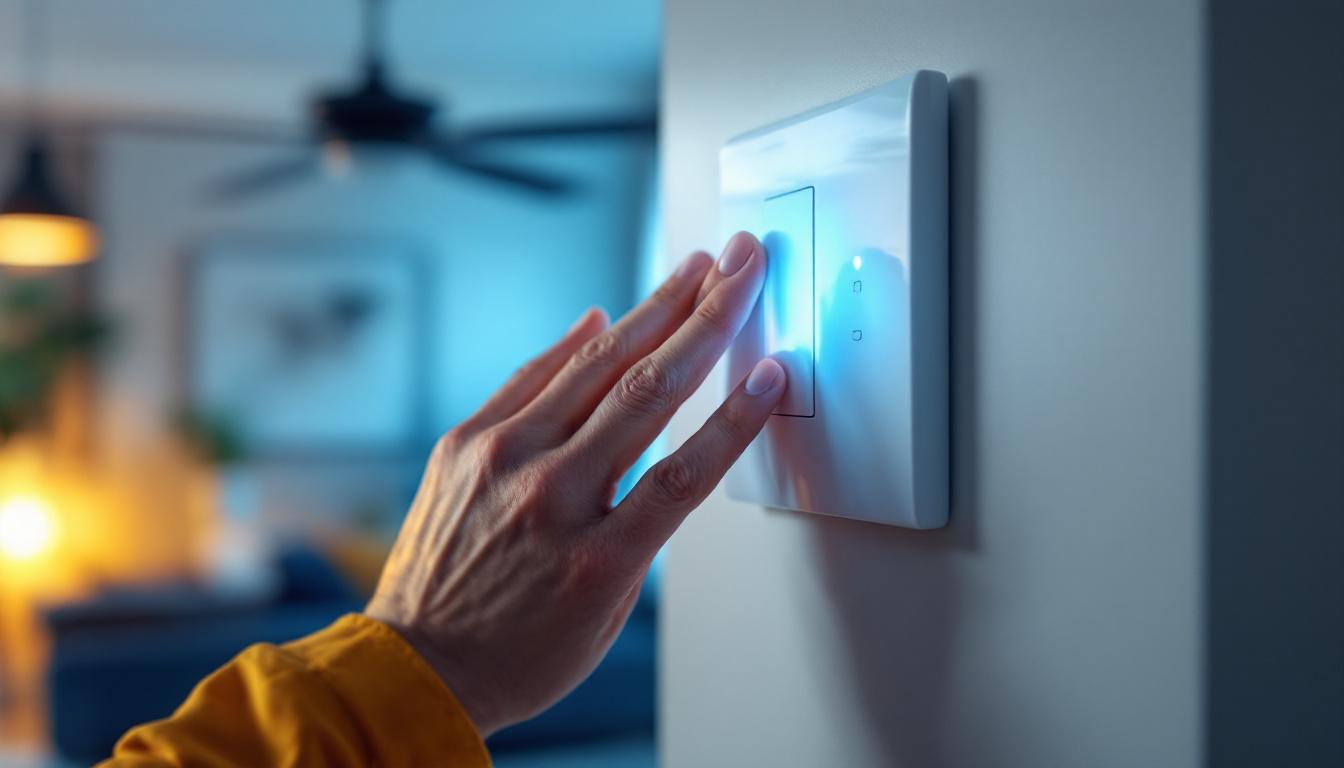 A photograph of a skilled lighting contractor installing or adjusting a fan light control switch in a well-lit