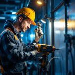 A photograph of a skilled lighting contractor at work