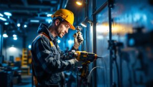 A photograph of a skilled lighting contractor at work