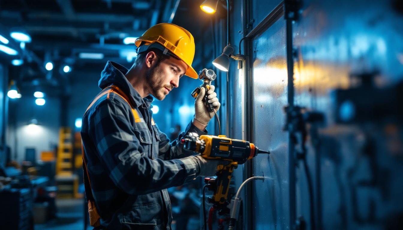 A photograph of a skilled lighting contractor at work