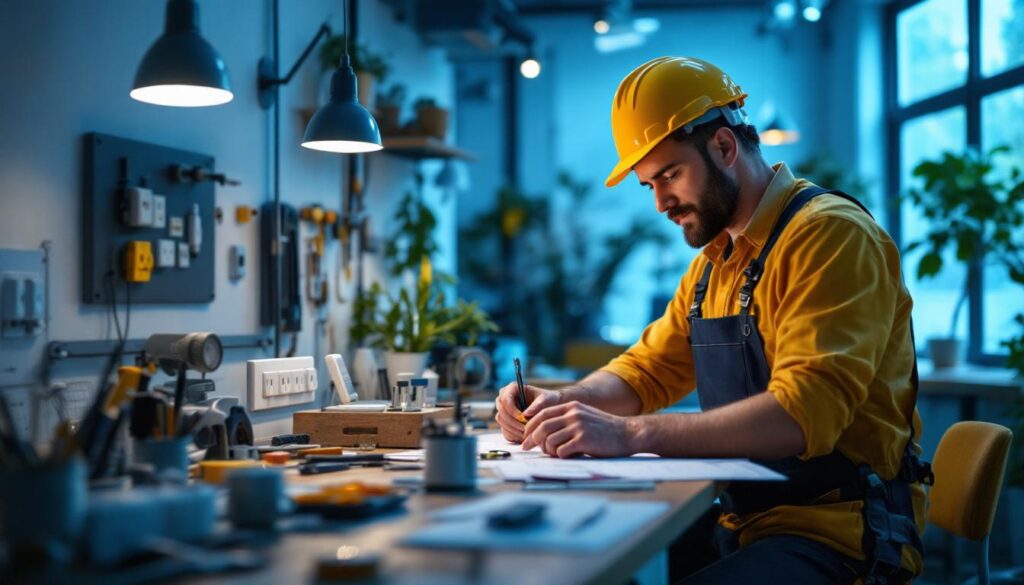 A photograph of a lighting contractor working diligently in a well-lit