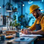 A photograph of a lighting contractor working diligently in a well-lit